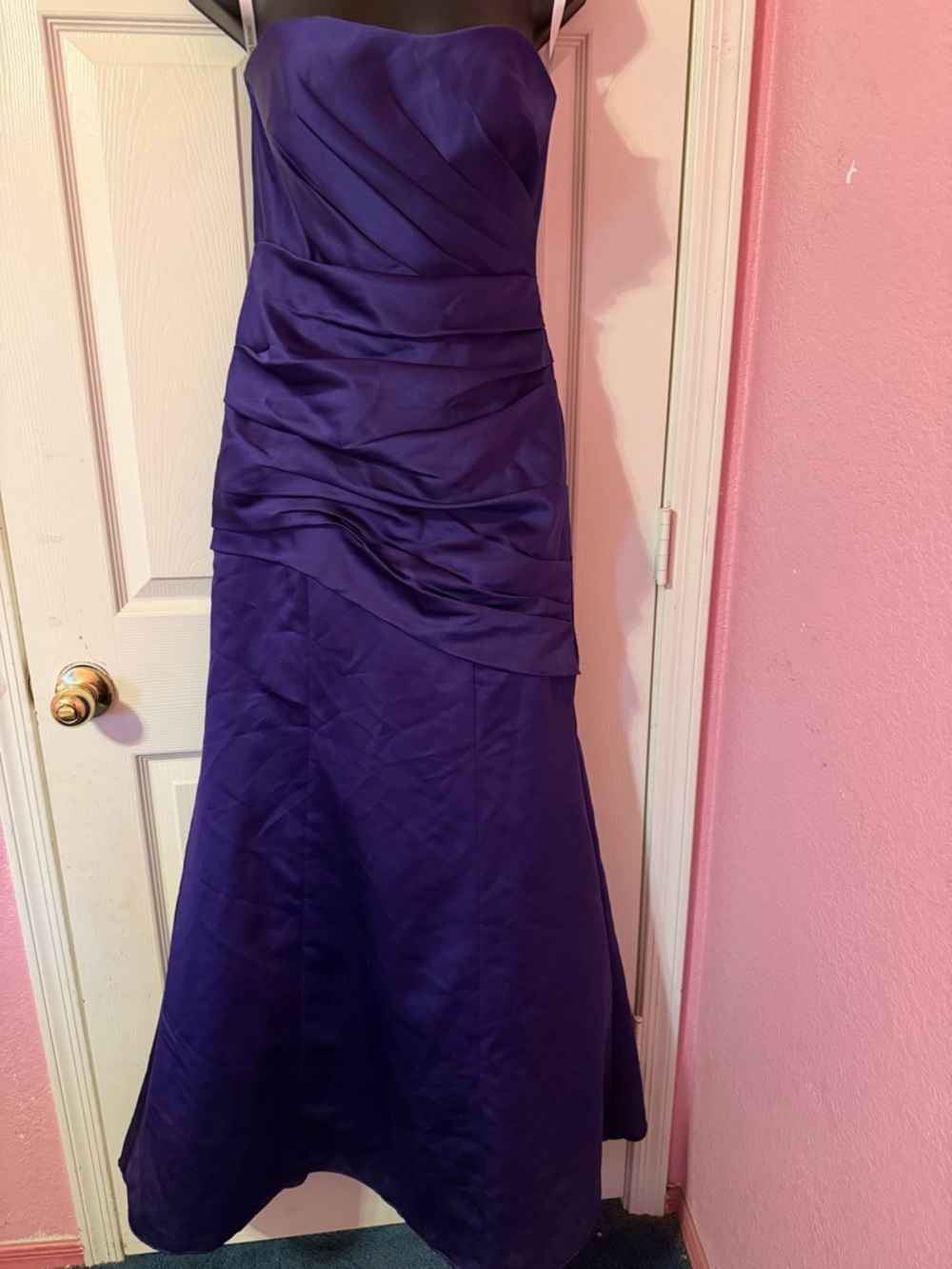 David's Bridal Strapless Royal Purple Ruched Gown